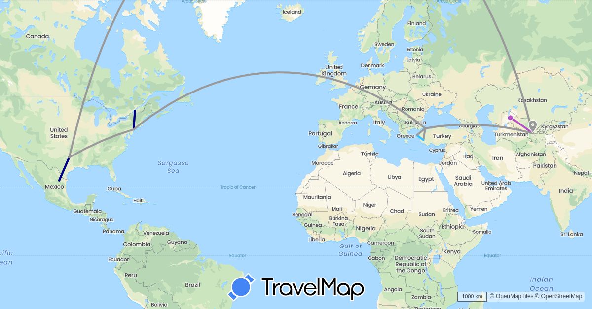 TravelMap itinerary: driving, plane, train, boat in Canada, Greece, Mexico, Turkey, United States, Uzbekistan (Asia, Europe, North America)